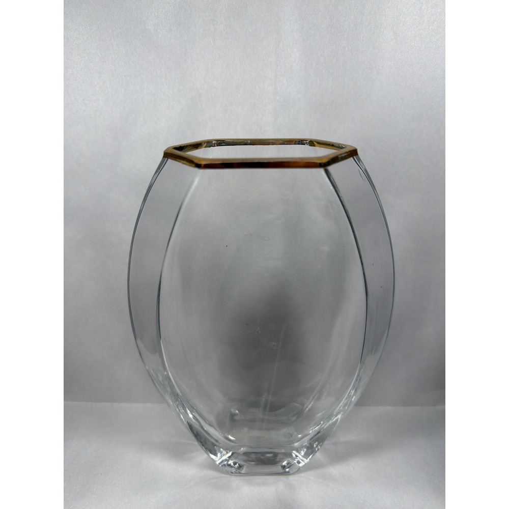 Vintage Clear Glass Hexagon Rim Vase Gold Trim